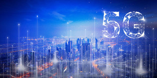创新发展网络科技蓝色科技感城市剪影光效5G科技背景展板背景